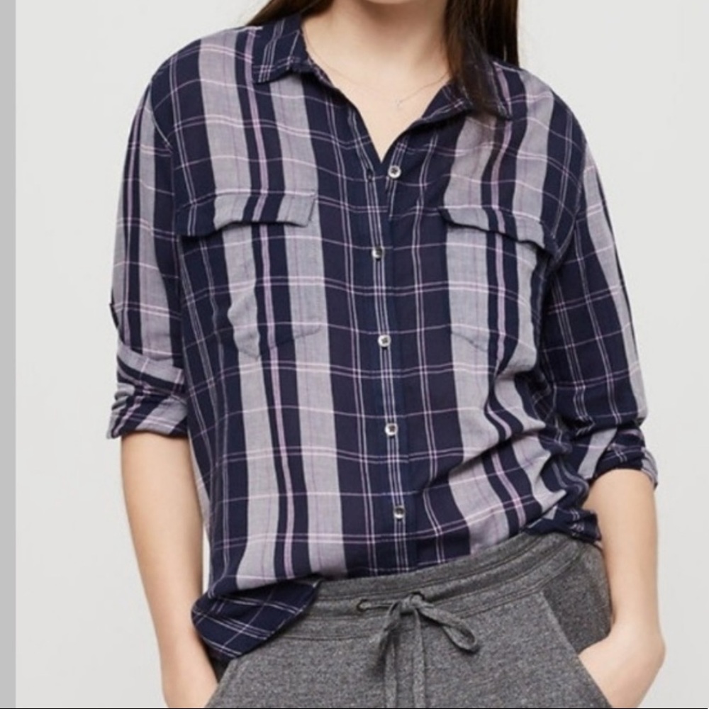 LOU & grey  plaid blue button down shirt Top S